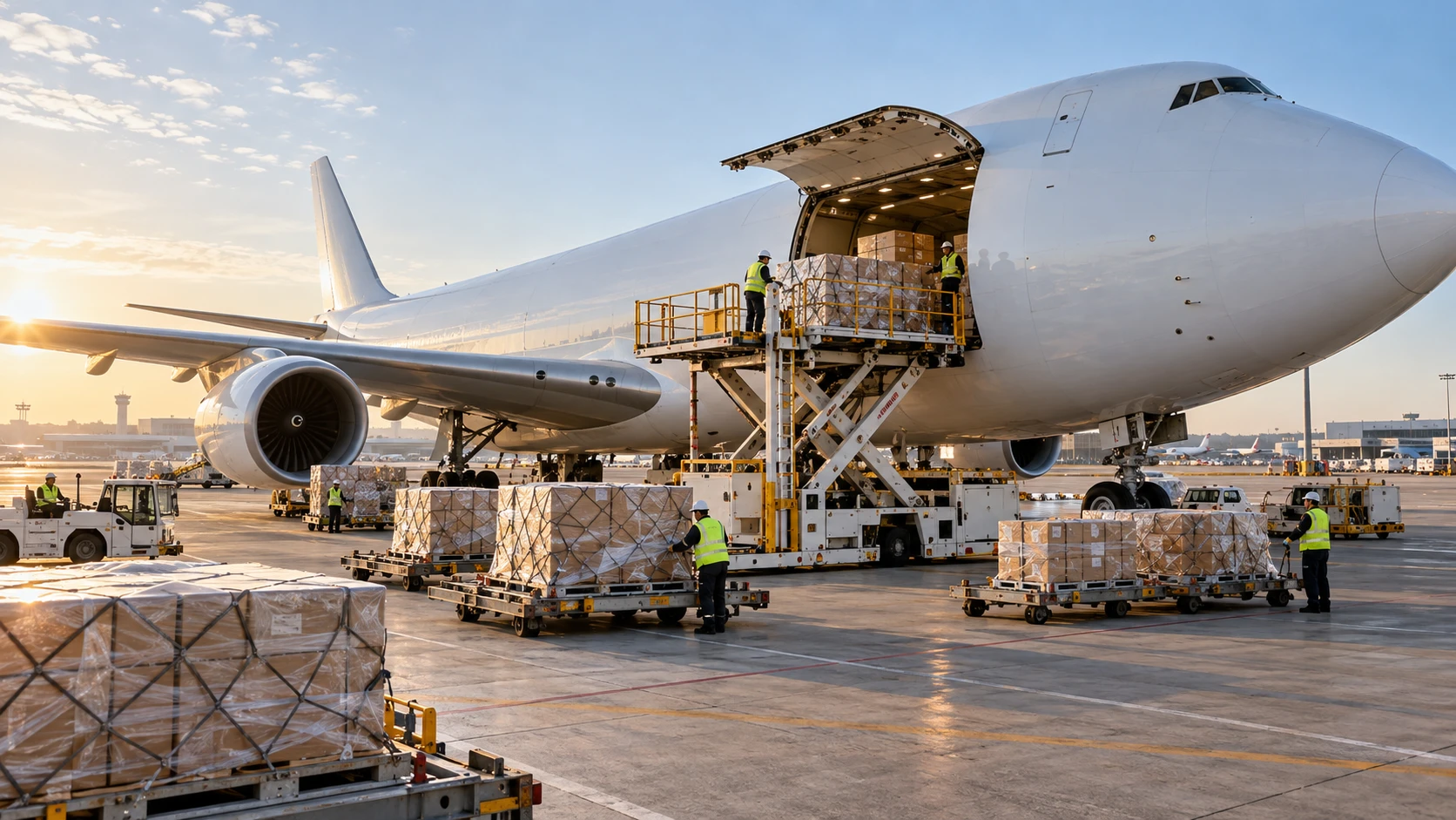 Avión de carga siendo cargado con pallets de mercancía en la plataforma del aeropuerto